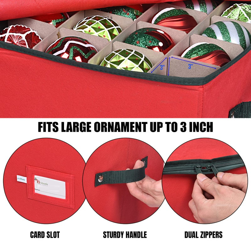 Primode Christmas Ornament Storage Box, 4 Individual Trays Xmas Storage Container, Fits 64 Ornaments Decoration Balls, Constructed of Durable Polyester Material (Red) - Image 5